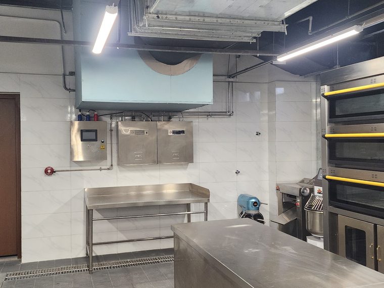 Bakery production kitchen with extract and ovens