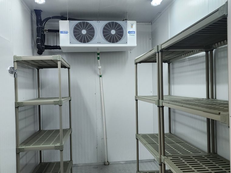Cold room interior with shelving and evaporator unit
